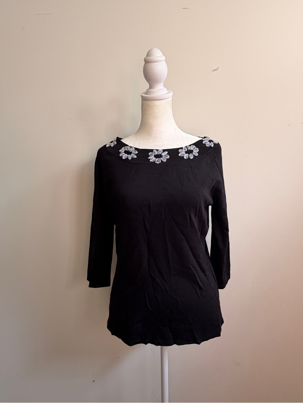 Vintage Joseph A. Black Boatneck Long-Sleeve Top with White Floral Appliqués